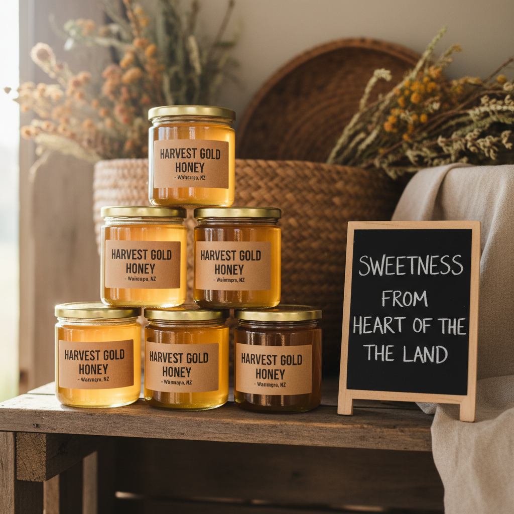 A close-up, photographic shot of a handcrafted product display for a regional brand: neatly stacked glass jars of golden honey with minimalist kraft labels, arranged on a reclaimed wood shelf. A small, freestanding chalkboard sign with carefully written white lettering presents a clear brand message. Behind, a blurred backdrop of woven baskets, dried native flowers, and soft linen cloth in warm neutral tones. Gentle morning light filters in from the left, creating subtle highlights along the jar edges and a soft glow through the honey. Shot at eye level with shallow depth of field, the image feels warm, honest, and professional, perfectly capturing heart-led marketing for rural producers.