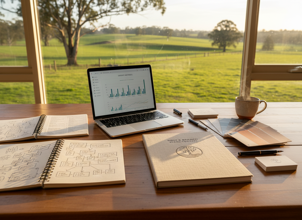 A polished timber farmhouse table covered with neatly arranged brand strategy materials: kraft-paper notebooks with handwritten diagrams, a silver laptop showing a clean analytics dashboard, color swatch cards in earthy blues and warm terracottas, and a linen-bound brand guidelines booklet stamped with a subtle embossed logo. The table sits near a large window overlooking softly blurred rolling paddocks and gum trees. Late afternoon natural light washes across the scene, creating gentle highlights on the paper textures and soft shadows beneath the objects. Photographic realism, shot from a slightly elevated angle with a shallow depth of field, evokes a calm, professional, heart-led approach to marketing for regional and rural brands.